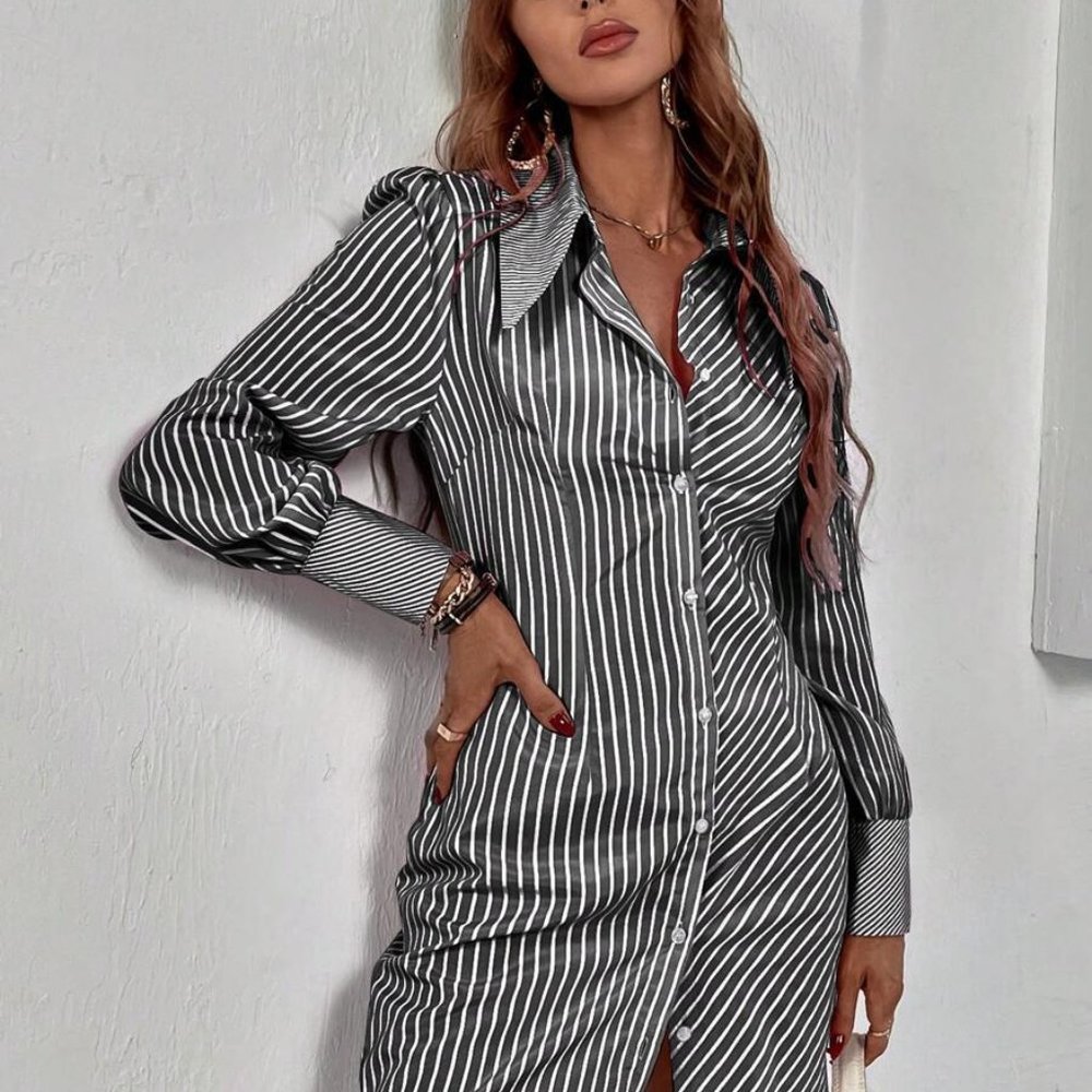 Sexy Black and White Striped Print Button Front Shirt Dress - Picture 2 of 5